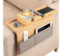 Bamboo Sofa Arm Tray, Foldable Couch Tray Wooden Armrest T-ray, Non-Slip Armrest Organizer, Sofa Side Table with Detachable T-ray, Cup Holder & Side Pocket for Drinks, Snack, Magazine