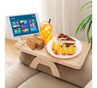 Bamboo Sofa Arm Tray Table with 360°Rotating Mobile Holder Foldable Couch Armrest Tray Portable Couch Arm Clip Table for Remote Control Drinks Snacks Phone