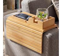 Bamboo Sofa Arm Tray Table with Cup Holder, 2 in 1 Foldable Couch Arm Tray with Detachable Design, Anti-Slip Armrest Tray for for Drinks, Snack, Magazine and Remote