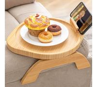 Bamboo Sofa Arm Tray with Rotating Mobile Holder, Stable Couch Armrest, Clip-On Sofa Tray Table for Wide Couches, Foldable Arm Clip Table