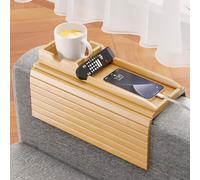 Bamboo Sofa Armrest Tray - Bestjing Couch Arm Tray with Detachable Couch Cup Holder - Anti-Slip Sofa Tray Table - Cup Holder Tray for Drinks Cup Cellphone Remote Snacks (Natural Bamboo)