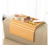 Bamboo Sofa Armrest Tray, Foldable Design, 45.5 x 33.5 x 16 cm, Solid Wood Storage Organiser for Snacks, Drinks, Remote Control (burlywood)