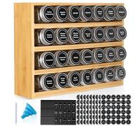 Bamboo Spice Rack Organizer With 28 Spice Jars, 780 Labels, 4 Tier Wood Hanging Shelf, Chalk Marker and Funnel Set for Drawer Cabinet Kitchen Countertop Wall Mount, Empty 4 oz Glass Jar & Shaker Lids