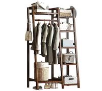 Bamboo Stand Clothes Rail, Freestanding Coat Garment Rack with Top Shelf, Hanging Rod and Shoe Rack, Open Wardrobe Closet Clothing Hanger Storage Organiser for Bedroom Hallway