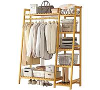 Bamboo Stand Clothes Rail, Freestanding Coat Garment Rack with Top Shelf, Hanging Rod and Shoe Rack, Open Wardrobe Closet Clothing Hanger Storage Organiser for Bedroom Hallway