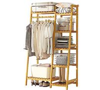 Bamboo Stand Clothes Rail, Freestanding Coat Garment Rack with Top Shelf, Hanging Rod and Shoe Rack, Open Wardrobe Closet Clothing Hanger Storage Organiser for Bedroom Hallway