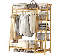 Bamboo Stand Clothes Rail, Freestanding Coat Garment Rack with Top Shelf, Hanging Rod and Shoe Rack, Open Wardrobe Closet Clothing Hanger Storage Organiser for Bedroom Hallway