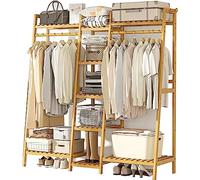 Bamboo Stand Clothes Rail, Freestanding Coat Garment Rack with Top Shelf, Hanging Rod and Shoe Rack, Open Wardrobe Closet Clothing Hanger Storage Organiser for Bedroom Hallway