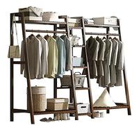 Bamboo Stand Clothes Rail, Freestanding Coat Garment Rack with Top Shelf, Hanging Rod and Shoe Rack, Open Wardrobe Closet Clothing Hanger Storage Organiser for Bedroom Hallway