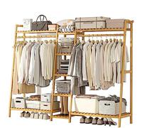Bamboo Stand Clothes Rail, Freestanding Coat Garment Rack with Top Shelf, Hanging Rod and Shoe Rack, Open Wardrobe Closet Clothing Hanger Storage Organiser for Bedroom Hallway