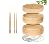 Bamboo Steamer 2 Tier 8-Inch Steaming Basket, Bun Vegetable Steam, Dumpling Steamer Bamboo Steam Basket, Chopsticks, Reusable 50 Liners, Small Instant Steaming Cookware for Chinese Asian Cuisine