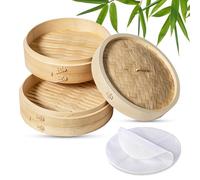 Bamboo Steamer 2 Tier with Lid (20×20×15cm) Premium Wooden Basket for Dumplings, Dim Sum, Vegetables & Seafood | Durable Natural Dumpling
