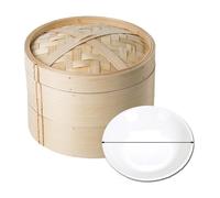 Bamboo Steamer 20CM, Two-Tier Food Steamer Basket/Dim Sum Steamer, Includes Bamboo Lid, 2 x Bamboo Basket, 15.5cm plate, for Buns, Dumplings, Vegetables