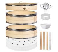 Bamboo Steamer Basket, Stainless Steel Reinforced Rim, 12-Inch 2-Tier Steamer for Cooking, 50 Liners Chopsticks Sauce Dish Dumpling Makers, Steaming Asian Food Bao Buns Dim Sum Rice Veggies Steam Pot