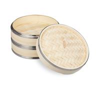 Relaxdays 10031462 Bamboo, 2 Levels with Metal Rings, Asian Steamer Basket for Rice, Dim Sum, Vegetables, Diameter 25.5 cm, Natural Tier, Cooker, Pot, Ø25.5cm