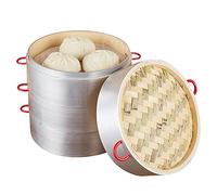Bamboo Steamer with Anti-scalding Handle, 2-Tiers with LidChinese Food Steamers with Aluminum Edge, Healthy Cooking for Dumplings, Vegetables, Chicken, Fish - Handmade Steam Basket,32cm