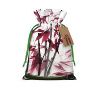 Bamboo Stems Cherry Printed Christmas Drawstring Bags Reusable Bag for Party Xmas Gift Wrapping, Green Ribbon, S