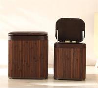 Bamboo Storage Ottoman, Small Foot Stool with Lid and Leather Cushion for Living Room and Coffee Table