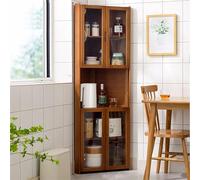 Bamboo Tall Corner Storage Cabinet Multi Functional Free Standing Kitchen Rack with Acrylic Double Open Doors for Dish nization and Stylish Storage Solutions