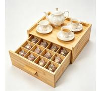 Bamboo Tea Bag Organizer Storage Box with Drawer Brown | 12-Compartment Countertop Tea Caddy Holder, Natural Wooden Tea Station Chest for Coffee Pods, Sugar Packets, Tea Bags