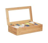 Relaxdays Bamboo Tea Box, 10 Compartments, Large, Sturdy, Versatile, Functional, Sustainable, Flavour Preserving, Window, Natural