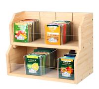 Bamboo tea box with 8 storage compartments for 140 tea bags, 2 tier vertical tea organizer, tea boxes for tea bags for storing tea, coffee and sugar packets