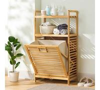 Bamboo Tilt-Out Laundry Hamper Cabinet with Open Shelf, Stylish Clothes Storage for Bathroom, Bedroom, Living Room, Laundry Room - Space-Saving Organizer