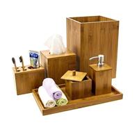 Bamboo Toilet Bathroom Accessory 6pc piece Set Soap Dispenser Soap Dish Toothbrush Holder Tray Toilet Bin Tray Toilet Set Compact Bath Set Natural Colour