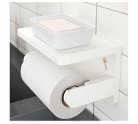 Bamboo Toilet Paper Holder with Mobile Shelf, Wall-Mounted No Drill or Screw Option, Moisture-Resistant Natural Storage Rack (White)
