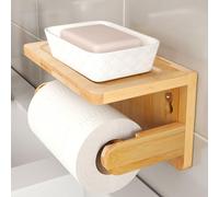 Bamboo Toilet Roll Holder with Shelf, Natural Wooden Toilet Paper Holder Wall Mounted, Eco-Friendly Bathroom Tissue Storage Organiser for Kitchen & Cloakroom (Wood)