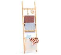 Bamboo Towel Ladder with Laundry Basket & 4 Hooks - Freestanding Towel Rail Ladder, Bath Towel Holder with Storage Basket for Bathroom, Towel Stand Wood Natural Wood Colour 170 x 43 cm