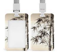 Bamboo Tree Image Chinese Calligraphy Badge Holders with Push-Pull Slot&Lanyard Waterproof Plastic Vertical Work ID Card Holder Portable Travel Document Protector Detachable Card Protector