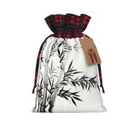 Bamboo Tree Image Chinese Calligraphy Christmas Drawstring Linen Gift Bag Paired With Scottish Plaid Fabric, With A Delicate And Simple Texture