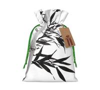 Bamboo Tree Image Chinese Calligraphy Printed Christmas Drawstring Bags with Green Christmas Ribbon - Reusable Burlap Drawstring Gift Pouches, M