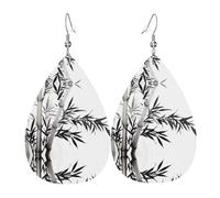 Bamboo Tree Image Chinese Calligraphy Printed Teardrop Pendant Leather Earrings | Lightweight and Versatile Earrings | Suitable for Daily Commute and Date Wear