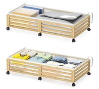 Bamboo Under Bed Storage Bins with Wheels, 48L Stackable Dustproof Containers for Clothes and Shoes, Space Saving Organizer for Bedroom and Dorm Essentials