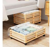 Bamboo Under Bed Storage Containers- Underbed Organizer with Wheels with Large Capacity Dust Bag,Sturdy Wood Rolling Under Bed Shoe Storage Organizer 2 Packs (Nature, 2 Packs (23.62"×16.54"))