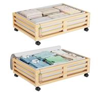 Bamboo Under Bed Storage Containers- Underbed Organizer with Wheels with Large Dust Bag,Sturdy Wood Rolling Under the Bed Shoe Storage Organizer Drawer 2 Packs (Nature, Small)