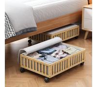 Bamboo Under Bed Storage Containers with Wheels, 2 Pack Under the Bed Shoe Storage Bins, Wood Rolling Underbed Drawers with Bag Organizer for Bedroom, Sheets Clothes Blanket Comforter, Under Crib Toy