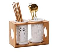 Bamboo Utensil Holder Set - 3-Piece Ceramic Flatware Caddy with Drain Tray for Kitchen Counter, Organize Spoons, Forks and Knives