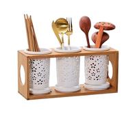 Bamboo Utensil Holder Set - 3-Piece Ceramic Flatware Caddy with Drain Tray for Kitchen Counter, Organize Spoons, Forks and Knives