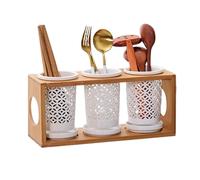 Bamboo Utensil Holder Set - 3-Piece Ceramic Flatware Caddy with Drain Tray for Kitchen Counter, Organize Spoons, Forks and Knives