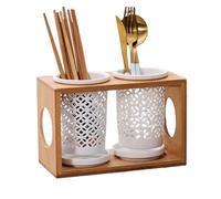 Bamboo Utensil Holder Set - 3-Piece Ceramic Flatware Caddy with Drain Tray for Kitchen Counter, Organize Spoons, Forks and Knives