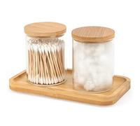 Bamboo Vanity Tray, Bathroom Tray Organizer Glass Qtip Holder Dispenser Apothecary Jars for Cotton Swabs Balls, Round Pad, Perfume Candles, Cosmetics and Jewelry Storage Organizer