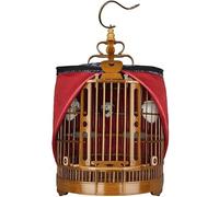 Bamboo Vintage Round Hanging Bird Cage with Rolling Stand Carved Flight Cage for Small Birds