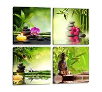 Bamboo Wall Art Zen Prints - Green Asian Style Paintings Framed Water Yoag Treatment Artwork SPA Stone Pictures Canvas 4 Panels 12 x 12 Inches Decoration For Home Office Living Room Bedroom Bathroom