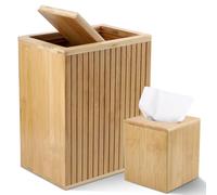 Bamboo Waste Basket and Tissue Holder, 2.6 Gal Decorative Bathroom Recycling Trash Can, Farmhouse Rustic Trash Bin Tissue Box Cover Square Cube, for Bathroom, Bedroom, Dinner Table, Office, Kitchen