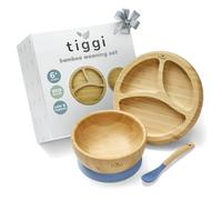 Bamboo Weaning Set by Tiggi, Complete with Baby Plate Suction Bowl and Spoon, Essential for 6 Months toToddler for Feeding (Dusky Blue)