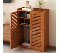 Bamboo WiFi Router Cabinet, Floor Stand Media Console with Adjustable Shelves & Ventilation Doors, Open Back Cable Management Organizer for Home Office Tech Equipment Hiding