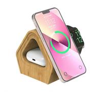 Bamboo Wireless Charging Station: 3-in-1 Charger Stand with Bamboo Cabin Style for Phone 16, 15, 14, 13, 12 Series, Watch 10-2, Ultra, for AirPods 4-2, Pro Fast Wireless Charger